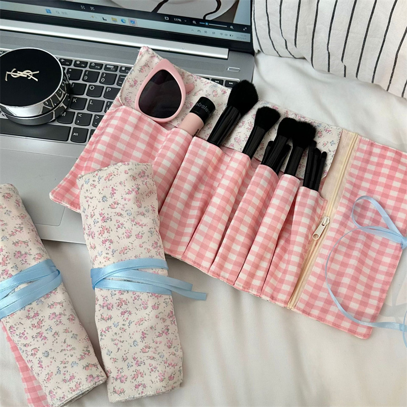 Beauty Bag Makeup - Bloemenprint Stoffen Make-upborstelrol Opbergtas met Meerdere