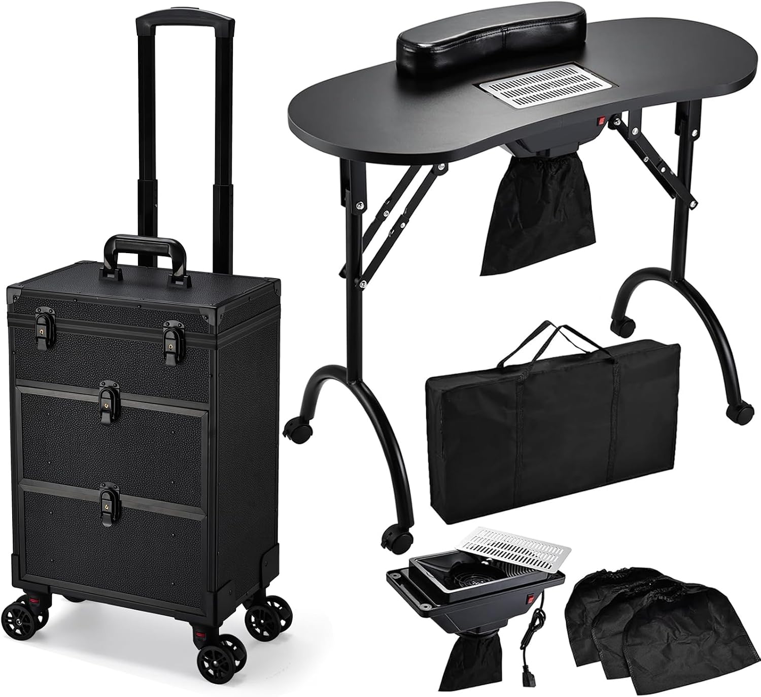 Beauty Makeup Desk - Zwarte rollende make-up koffer, opvouwbare manicuretafel