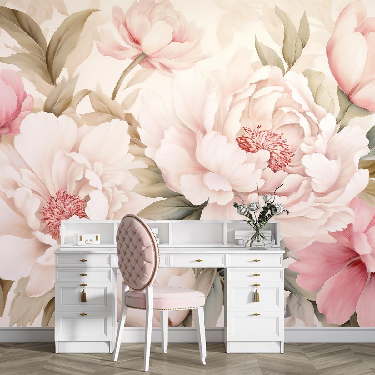 Beauty Makeup Desk - Elegante pioenroos bloemenmuurschildering behang make-up tafelset