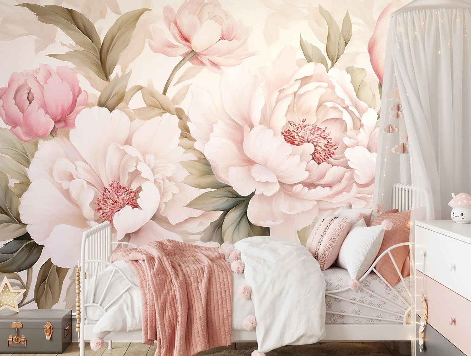 Elegante pioenroos bloemenmuur - Beauty Makeup Desk recensie en prijs